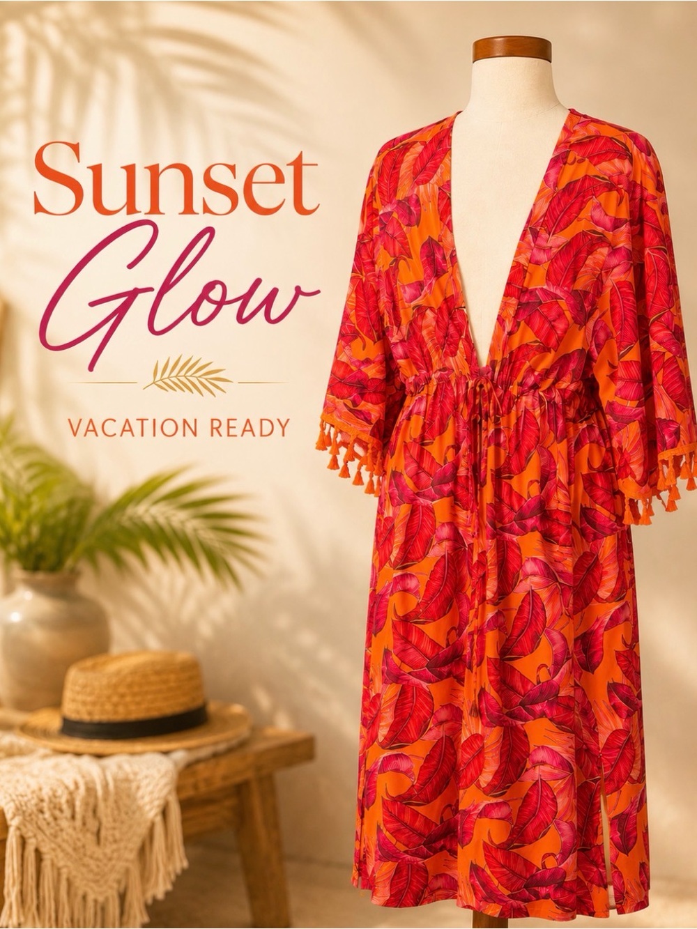 Tropical Print Tassel Kimono Cover-Up Drawstring Waist | Estimated Size M